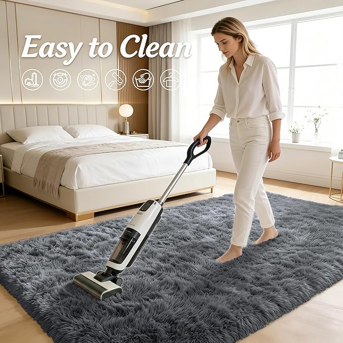 OLANLY 4x4 Machine Washable Accent Rug, Soft Fluffy Shaggy Area Rug for Bedroom, Living Room, Indoor Floor Carpet for Kids, Nursery, Home Decor, Grey