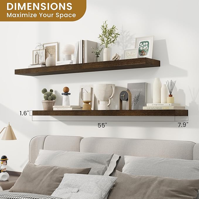 RICHFOCUS Rustic Wooden Floating Shelves for Wall - 55 Inch Wood Shelves Set of 2-7.9 Inch Deep Solid Paulownia Wood Wall Mounted Shelves with Upgraded Metal Brackets for Room Decor, Walnut