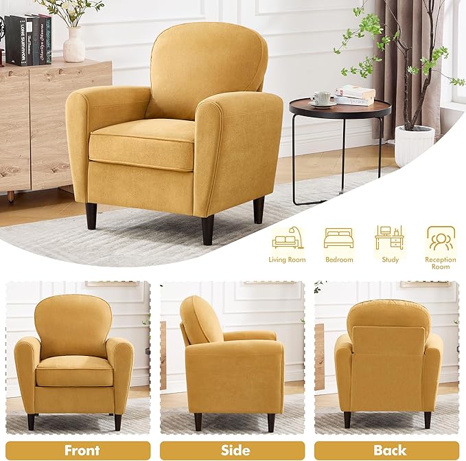 Accent Chair, Mid Century Modern Arm Chair with Thick Cushion and Back, Comfy Upholstered Reading Chair Single Sofa Chair for Living Room, Bedroom, Club, Yellow
