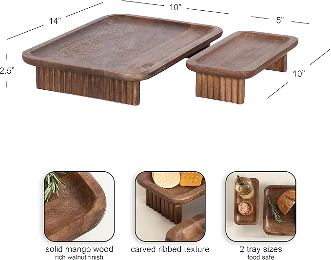 Kate and Laurel Risecroft Modern Two-Piece Ribbed Elevated Tray Set, 2 Piece Set, Walnut Brown, Mid-Century Food-Safe Serving Trays for Use as Charcuterie Board Set or Sponge Holders