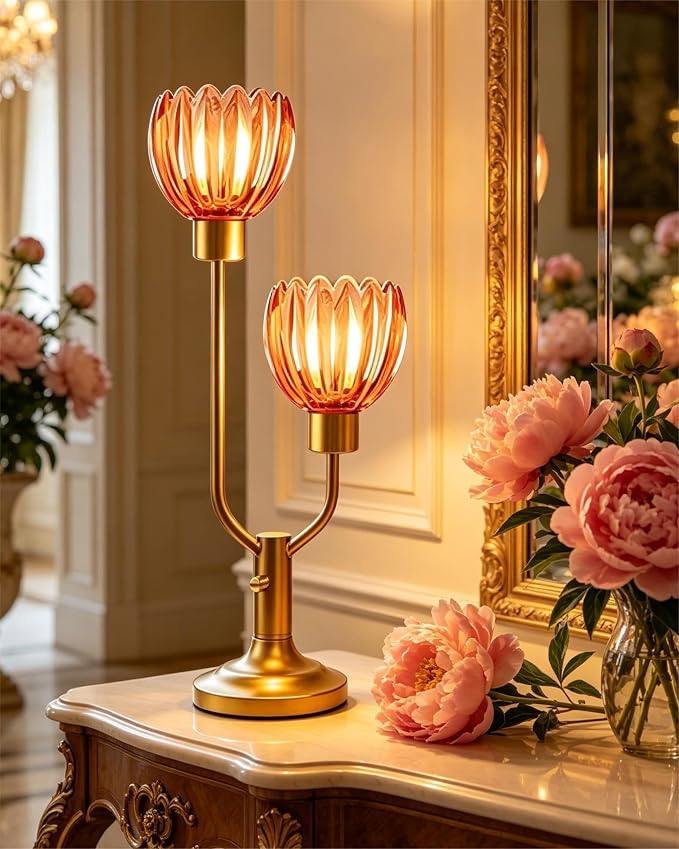 Lightdot Flower Table Lamp Dimmable Nightstand Lamp Mid Century Modern Red Glass Vintage Gold Desk Lamp 2 Bulbs Included Warmwhite Ambient Bedside Lamps for Living Room Bedroom Home Office Decor Gift
