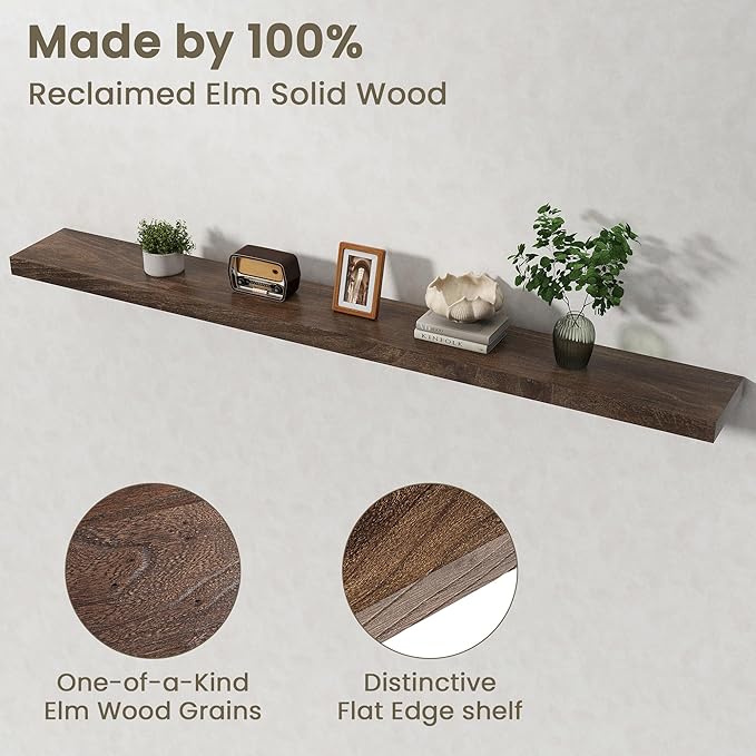 Fun Memories Solid Elm Wood Floating Shelves Set of 1-72 Inch Rustic Wall Shelves with Heavy-Duty Invisible Brackets - for Living Room, Kitchen, Bedroom, Bathroom - Walnut Finish