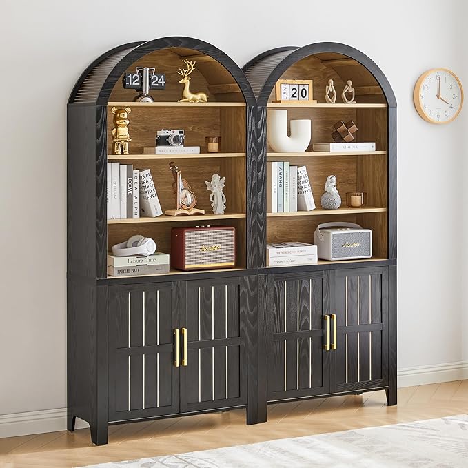 71" Tall Arched Bookcase, Arch Bookshelf with Doors , Modern Book Shelf Storage Cabinet with Adjustable Shelves, Wood Bookshelf w/Open Display for Living Room, Office Decor (Black/Natural, 2PC)