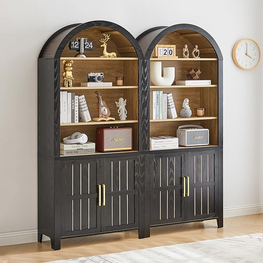 71" Tall Arched Bookcase, Arch Bookshelf with Doors , Modern Book Shelf Storage Cabinet with Adjustable Shelves, Wood Bookshelf w/Open Display for Living Room, Office Decor (Black/Natural, 2PC)