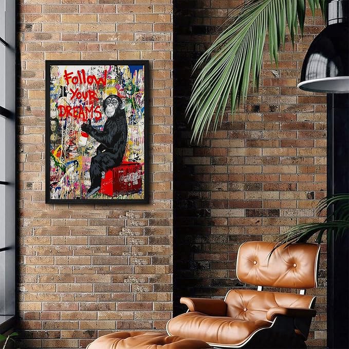 Banksy Canvas Wall Art Monkey Follow Your Dreams Street Graffiti Wall Art Banksy Prints Gorilla Poster Monkey Artwork Graffiti Pictures Painting for Home Living Room Decor 12x16 Inch Black Framed