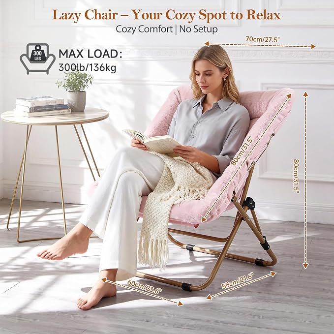 Furlide Modern Pink Faux Fur Foldable Metal Frame Recliner Chair for Bedroom, Living Room, Balcony