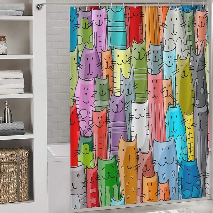 Cat Shower Curtain,Cartoon Cute Cat Pets Colorful Funny Animals Bathroom Curtain Polyester Waterproof Fabric Decor 66x72in（168x183cm）