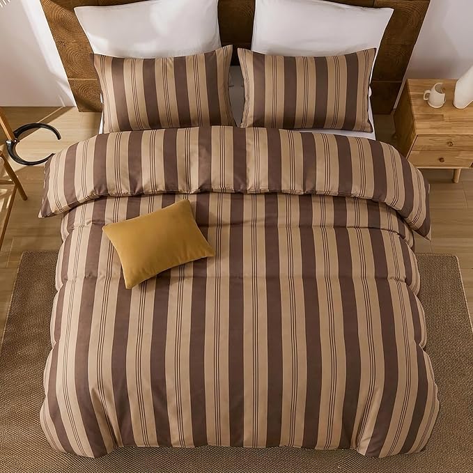 Merryword Brown and Khaki Striped Duvet Cover Set King Size, 100% Cotton Bedding Set with Zipper Closure & 8 Corner Ties, Awning Stripe Bedding, Soft Breathable Comforter Cover for All Seasons