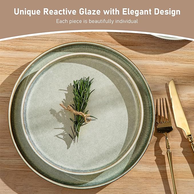 GBHOME 24-Piece Stoneware Dinnerware Set for 8 – Ribbed Ceramic Plates and Bowls, Scratch-Resistant, Microwave & Dishwasher Safe, Reactive Glaze, Desert Sage