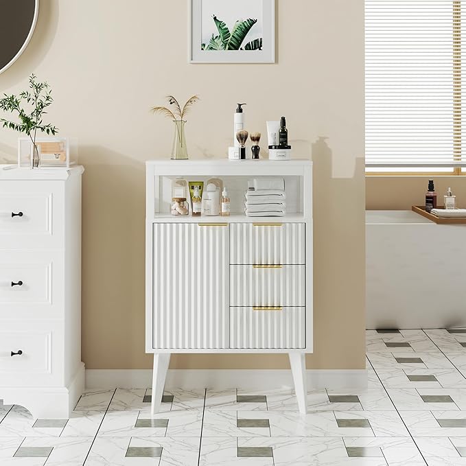 White Bathroom Floor Cabinet with 3 Fluted Drawers & Door, Modern Storage Sideboard with Open Shelf, Coffee Bar Station for Living Room, Entryway, 23.6 x 11.8 x 34.6 Inches