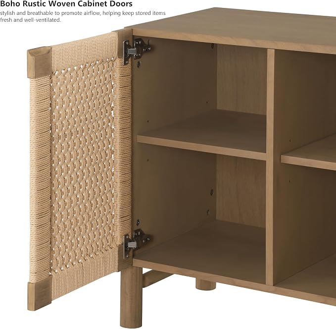 Christopher Knight Home Boho Buffet Cabinet 65.6’’ Modern Coastal Credenza Sideboard Storage Cabinet with Accent Handwoven Paper Rope Doors for Living Room, Dining Room, Hallway & Kitchen, Natural