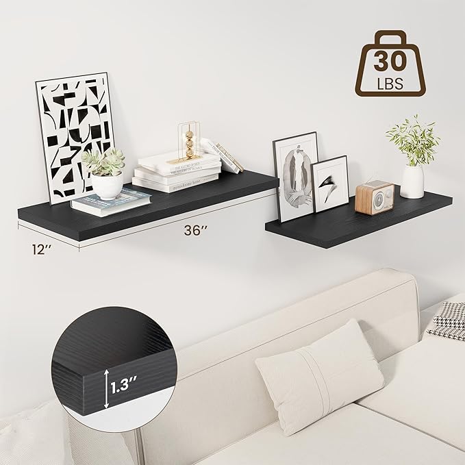 Dreamland 36" Floating Shelves for Wall, 12" Deep Slim Black Floating Shelves, Wall-Mounted Shelves for Bedroom, Living Room, Kitchen, Bathroom - Set of 2