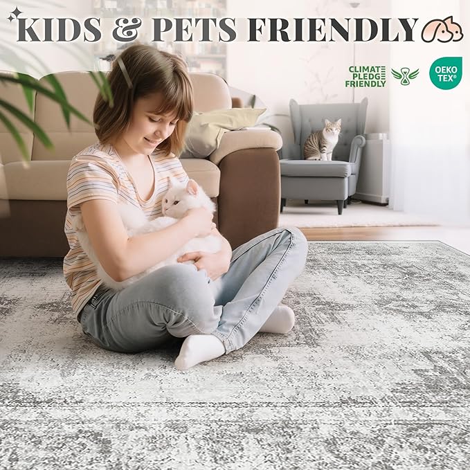 Area Rug 4x6 Vintage Rugs: Washable Indoor Medallion Rug Low Pile Distressed Floor Carpet Retro Accent Rugs for Living Room Bedroom Kitchen Dining Table Home Office(Grey, 4'x6')