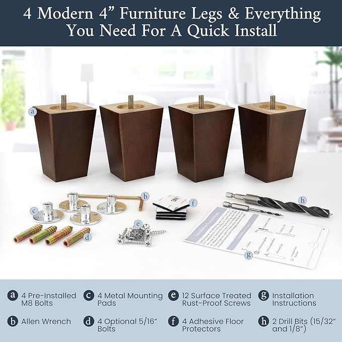 Airy Abode Premium Walnut Square Furniture Legs (Full Install Kit) - Pick Your Size and Color
