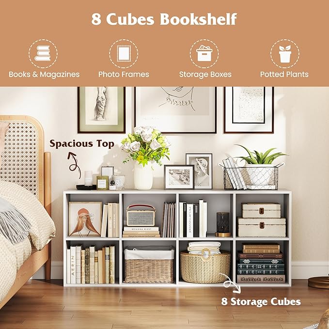 Tangkula 8-Cube Bookcase, Large Floor Standing Horizontal Bookshelf with 8 Open Shelves & 2 Anti-Tipping Kits, Home Office Wooden Storage Book Shelf for Living Room, Study (White, 8-Cube)