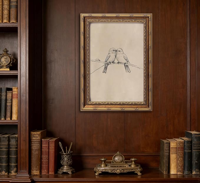 Vintage Gold Framed Bird Canvas Wall Art Two Birds Sketch Wall Decor Vintage Farmhouse Sketch Animals Artwork Retro Birds Painting Retro Rustic Print for Farmhouse Bedroom Living Room 12X16in