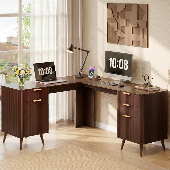 67" Fluted L Shaped Desk with File Drawer, Executive Home Office Desk with Power Outlet & Type-C Port, Corner Computer Desk with 3 Storage Drawers and Cabinet, Writing Desk for Study, Walnut