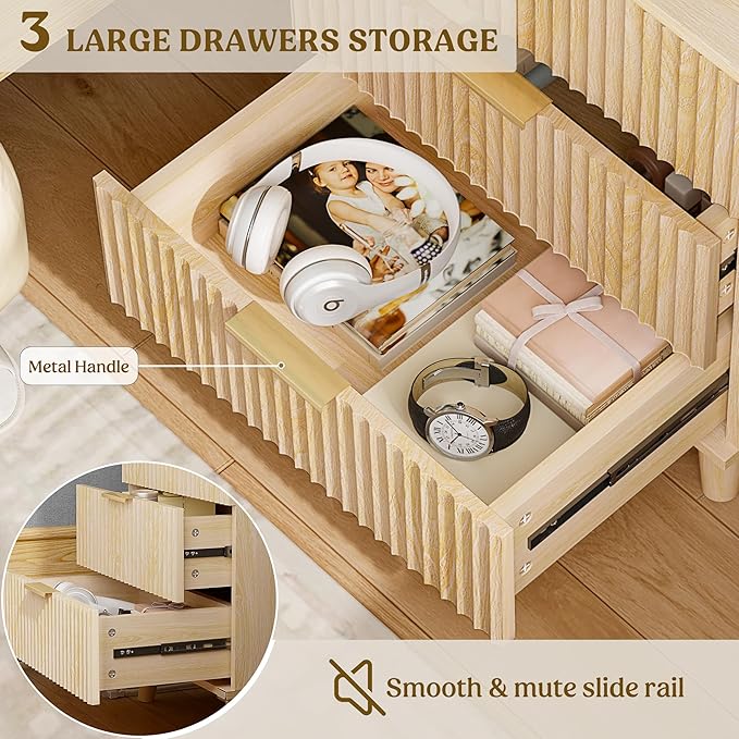 Lulive Wood Night Stand Set 2 Fluted Dresser for Bedroom 3 Drawers End Tables Nightstand with Charging Station, Storage Modern Side Table Natural