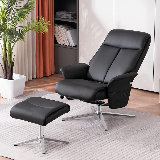 MCombo Swivel Recliner with Ottoman, Modern Heavy-Duty Aluminum Base, Faux Leather Lounge Chair for Small Space, Living Room, or Office 4603 (Black)