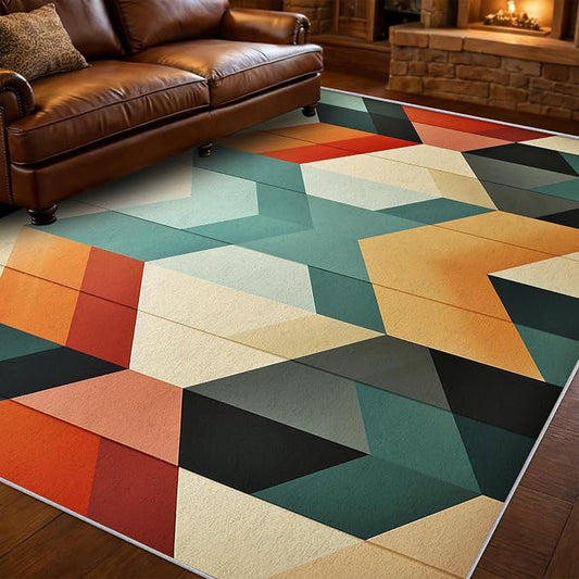 Mid Century Modern Area Rug 7x8, Washable Non-Slip Low Pile Abstract Geometric Carpet for Living Room Bedroom Home Office, Retro Contemporary Accent Rug in Teal Orange Cream Black