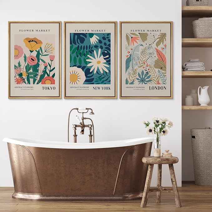 wall26 Framed Canvas Print Wall Art Set Colorful Flower Market Exhibition Prints Nature Wilderness Illustrations Modern Art Decorative Floral Botanical Minimal Calm for Bedroom - 24"x36"x3 Natural