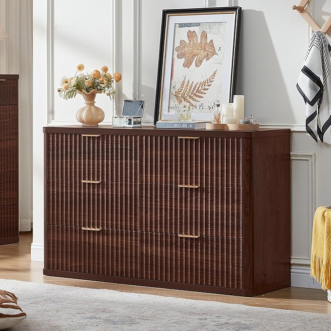 LEYAOYAO Fluted 6 Drawers Dresser Set of 2, 48" Wide Modern Chest of Drawers with Metal Handle, Walnut Curved Profile Dresser TV Stand, Wooden Drawer Organizer for Bedroom, Living Room, Hallway