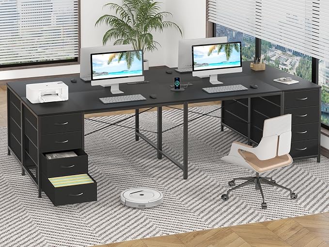 YOMILUVE 95'' Two Person Desk with 8 Drawers, Long Office Desk with Charging Station, 2 Person Desks Double Desk Writing Study Table for Home Office, Black