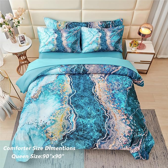 PERFEMET 6 Pcs Teal Marble Comforter Set Queen Watercolor Marble Printed Quilt Set Luxury Retro Artwork Style Gold Bed in A Bag Complete Set(Teal, Queen)
