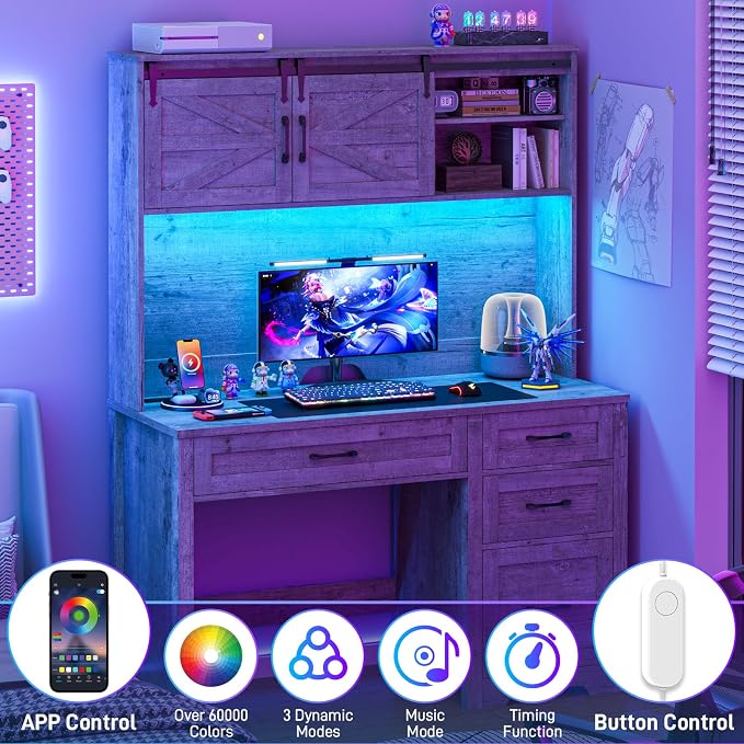 Vabches Farmhouse 67" H Executive Desk with Hutch,Office Table with LED Light and 5 Drawers,Computer Desk with Charging Station,File Drawers and Storage Cabinet,Workstation for Home Office.Grey