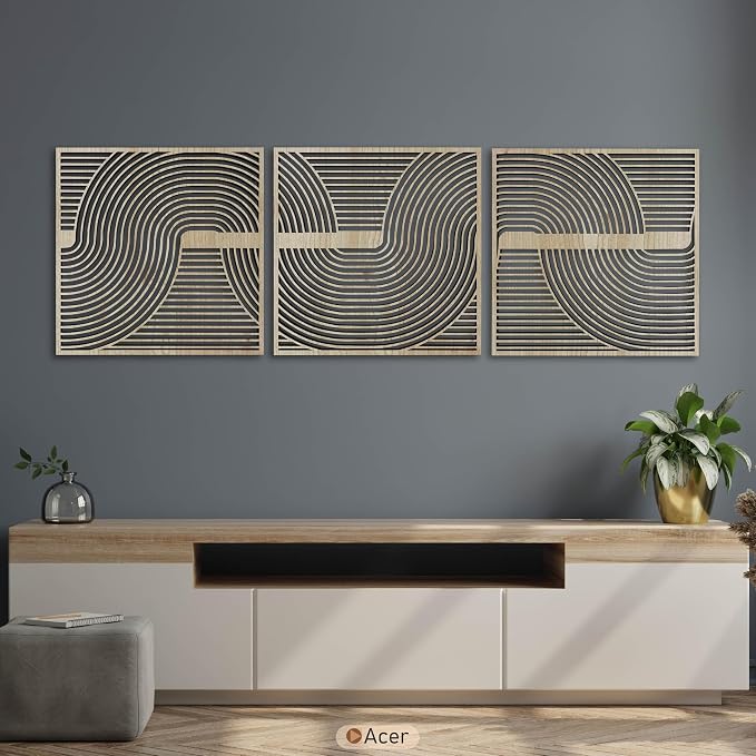 3 Piece Wood Wall Art featuring Boho Curve Lines, Abstract Geometric Statement Wooden Wall Panels, Mid Century Modern New House Gift for Living Room and Bedroom