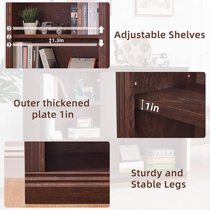 43" Walnut Tall Bookshelf Set of 4,3-Tier Thick Wooden Book Shelf with Adjustable Shelves,Free Standing Farmhouse Bookcase with Open Display Storage,Floor Vintage Bookshelves for Living Room