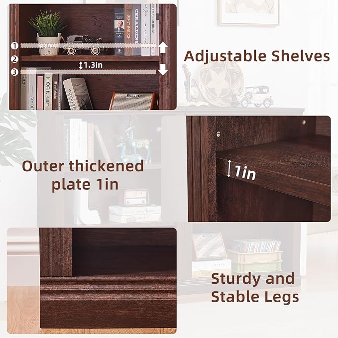 RWYHG 43" Walnut Tall Bookshelf Set of 4,3-Tier Thick Wooden Book Shelf with Adjustable Shelves,Free Standing Farmhouse Bookcase with Open Display Storage,Floor Vintage Bookshelves for Living Room