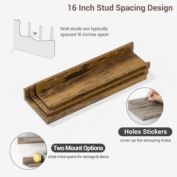 Axeman Picture Ledge Shelf | 16 Inch Brown Floating Shelves Set of 3 | Rustic Brown Wood Wall Shelves with Lip | 16" Picture Shelf for Wall with Ledge | Photo Shelves