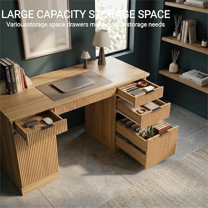 FURSUN 58" Executive Desk with Charging Station & File Drawer, Modern Fluted Home Office Desk with 5 Drawers & Keyboard Tray, Large Computer Writing Desk, Natural Oak