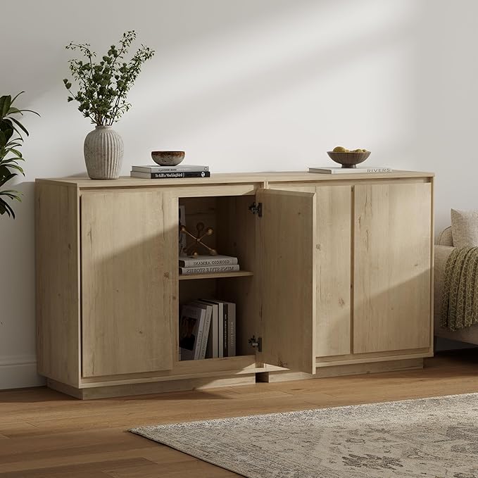 3pcs Sideboard Cabinet Buffet Cabinet with Storage with Adjustable Shelves and Handle-Free Design Suitable for Kitchens,Hallway,and Living Rooms Light Oak