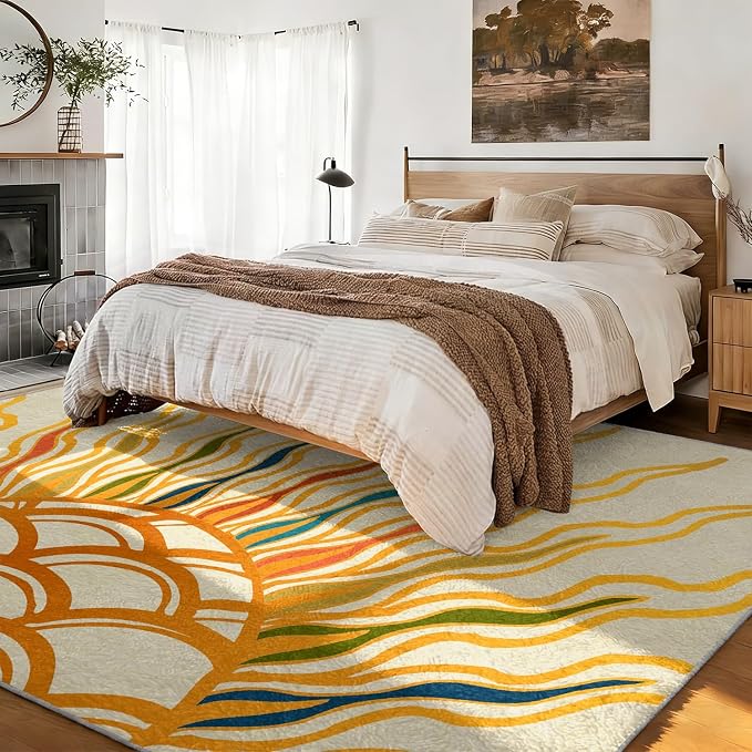 Sunburst Abstract Area Rug 7x9, Yellow Orange Colorful Sun Pattern Rugs, Boho Modern Washable Non-Slip Soft Carpet for Living Room Bedroom Dining Room Home Office Entryway