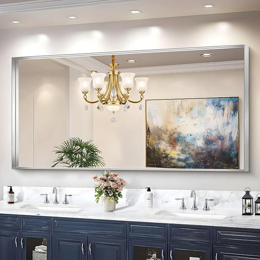 CIRCUMI Silver Bathroom Mirror, 72"x36" Rectangular Mirror with Deep Metal Frame, Brushed Finish, Tempered Glass, Large Mirror for Wall, Over 2 Sinks, Installed Vertically/Horizontally, Crystal-Clear