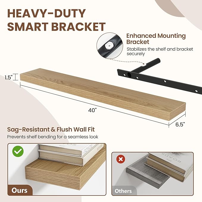 40 Inch Floating Shelves for Wall 2 Pack, 40" Wall Shelves for Books, Storage, Decor, Wall Mounted Floating Shelf with Invisible Brackets for Kitchen, Living Room, Oak