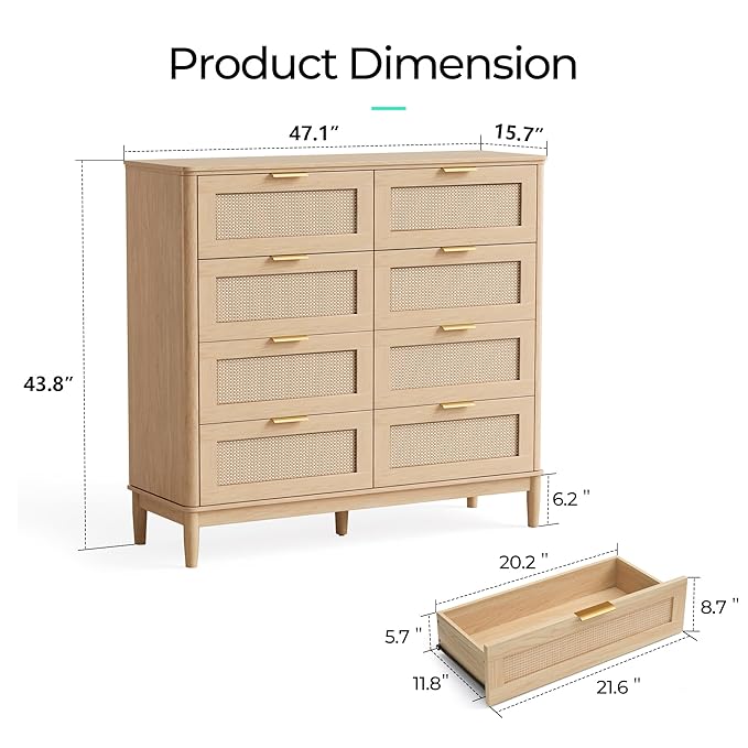 LINSY HOME Rattan Dresser with 8 Deep Drawers, 54" Wide Long Chest of Drawers, Mid Century Modern Tall Dresser, Large Wood Boho Storage Cabinet for Bedroom with Metal Handle and Durable Legs, Oak