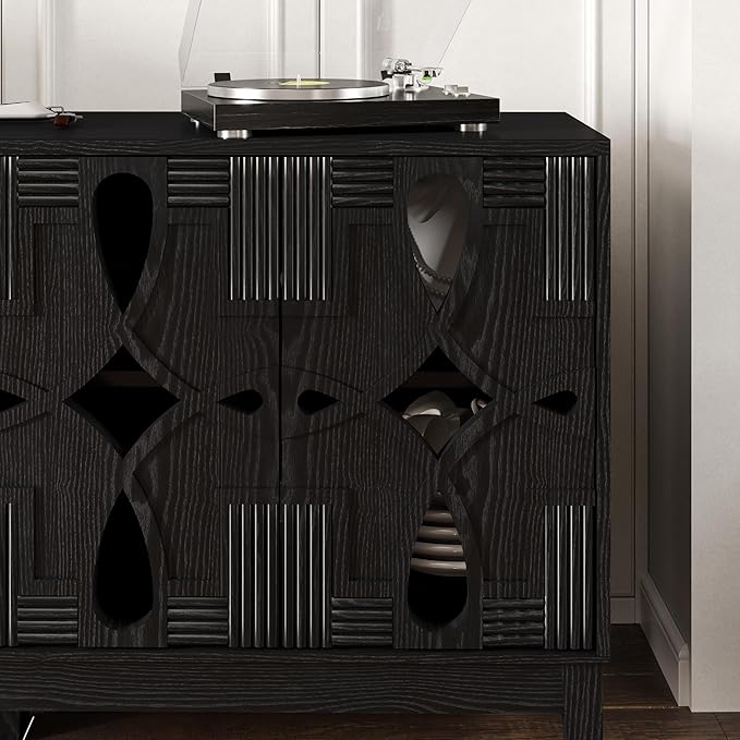 LKTART Black Sideboard Buffet with Hollow Carved Doors and Outlet Holes,Accent Cabinet,Credenzas Storage Cabinet for Living,Kitchen