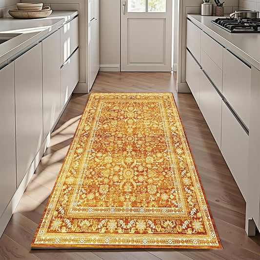 OPPODREAM Vintage Orange 3x6 Runner Rug, 3 x 6 Retro Washable Rug Non Slip, Low-Pile Faux Wool Carpet, Distressed Floor Mat for Kitchen, Hallway, Entry-Way, Entrance, Indoor Back Door