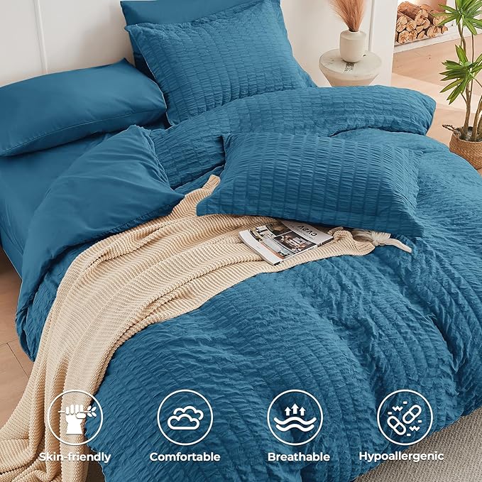 HYMOKEGE Teal Full Size Comforter Sets Seersucker 7 Pieces, All Season Luxury Bed in a Bag for Bedroom, Bedding Set with Comforters, Sheets, Pillowcases & Shams