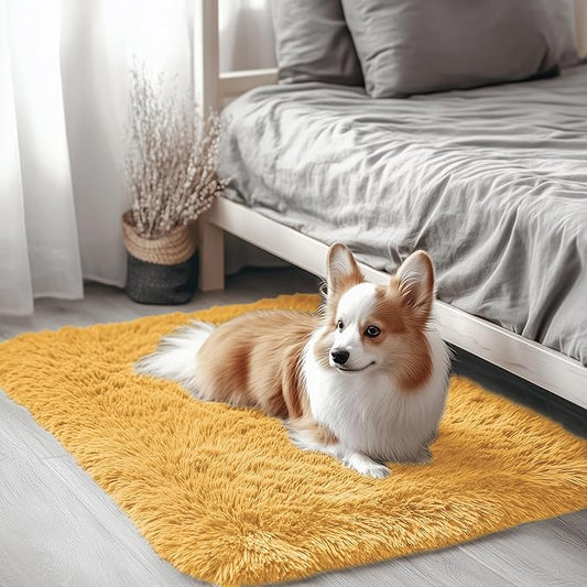 OLANLY 2x3 Machine Washable Small Bedside Rug, Soft Fluffy Shaggy Entryway Throw Rugs for Bedroom, Living Room, Indoor Floor Carpet for Kids Girls and Boys, Home Decor Aesthetic, Mustard Yellow