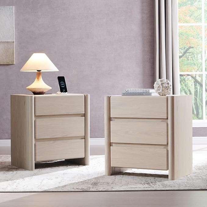 25" Tall Modern Nightstand Set of 2, 23.6" W Nightstand with Charging Station & 3 Storage Drawers & Open Shelf, Wood Night Stand w/Rounded Corner Design for Bedroom, Living Room (Cream)