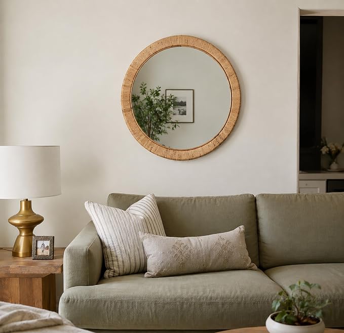 Rutledge & King Round Rattan Mirror - Boho Decorative Wall Mirror - 22" Dia.