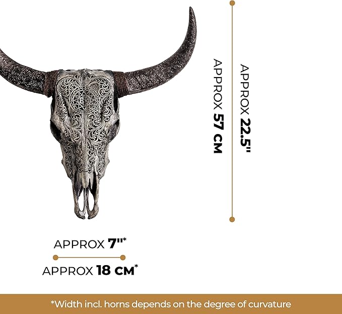 Skull Bliss - Hand-Carved Real Authentic Taxidermy Cow Skull/Bull Skull Wall Decor with Horns/Real Animal Cow Skull Wall Decor (Hand-Carved Horns)
