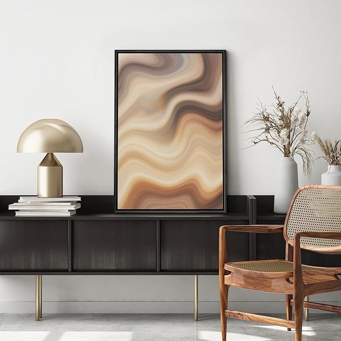 MUDECOR Framed Canvas Print Wall Art Soft Beige Marble Flow Abstract Neutral Wave Illustrations Fine Art Decorative Zen Multicolor Country/Farmhouse Retro for Bedroom - 16"x24" BLACK