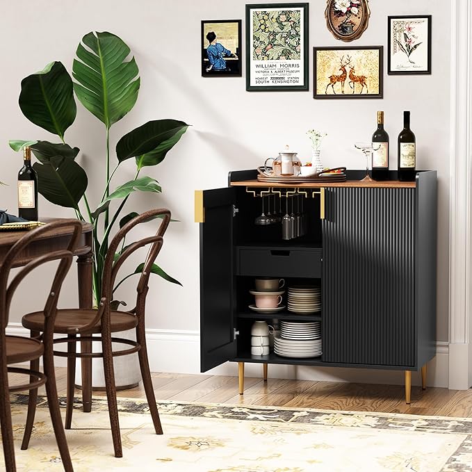 ARTPOWER Sideboard Buffet Cabinet with Fluted Texture, Modern Coffee Bar Cabinet with Wine Rack&Drawers, Black Liquor Cabinet for Kitchen Dining Room, Living Room
