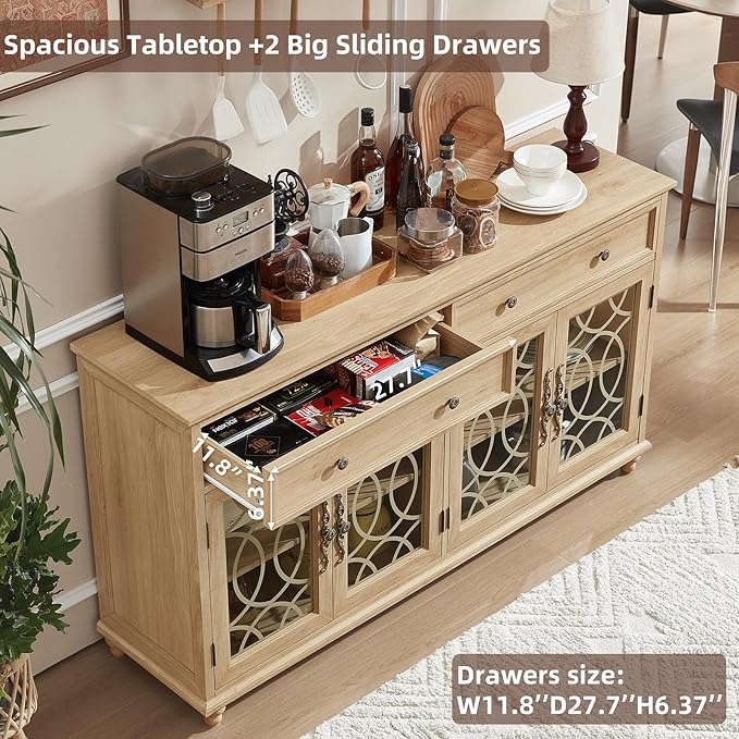 Farmhouse Sideboard Buffet Cabinet with Storage,59" Large Credenza with 4 Glass Doors & 2 Drawers,Adjustable Shelves Console Table,Wood Kitchen Coffee Bar for Dining Room,Living Room,Natural