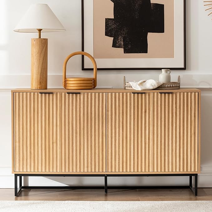 Fluted Storage Cabinet with 4 Doors, 55" Large Sideboard Buffet Cabinet with Adjustable Shelves Wooden Credenza Multifunctional Console Table for Dining Room Living Room, Natural Oak